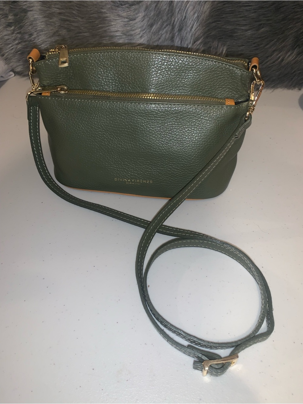 Divina Firenze Olive Green Pebbled Leather Crossbody Bag with Gold Hardware